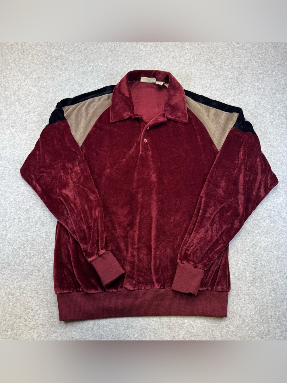 Men's Vintage 70’s Velour Polo Sweater in Burgundy with Contrast Shoulders